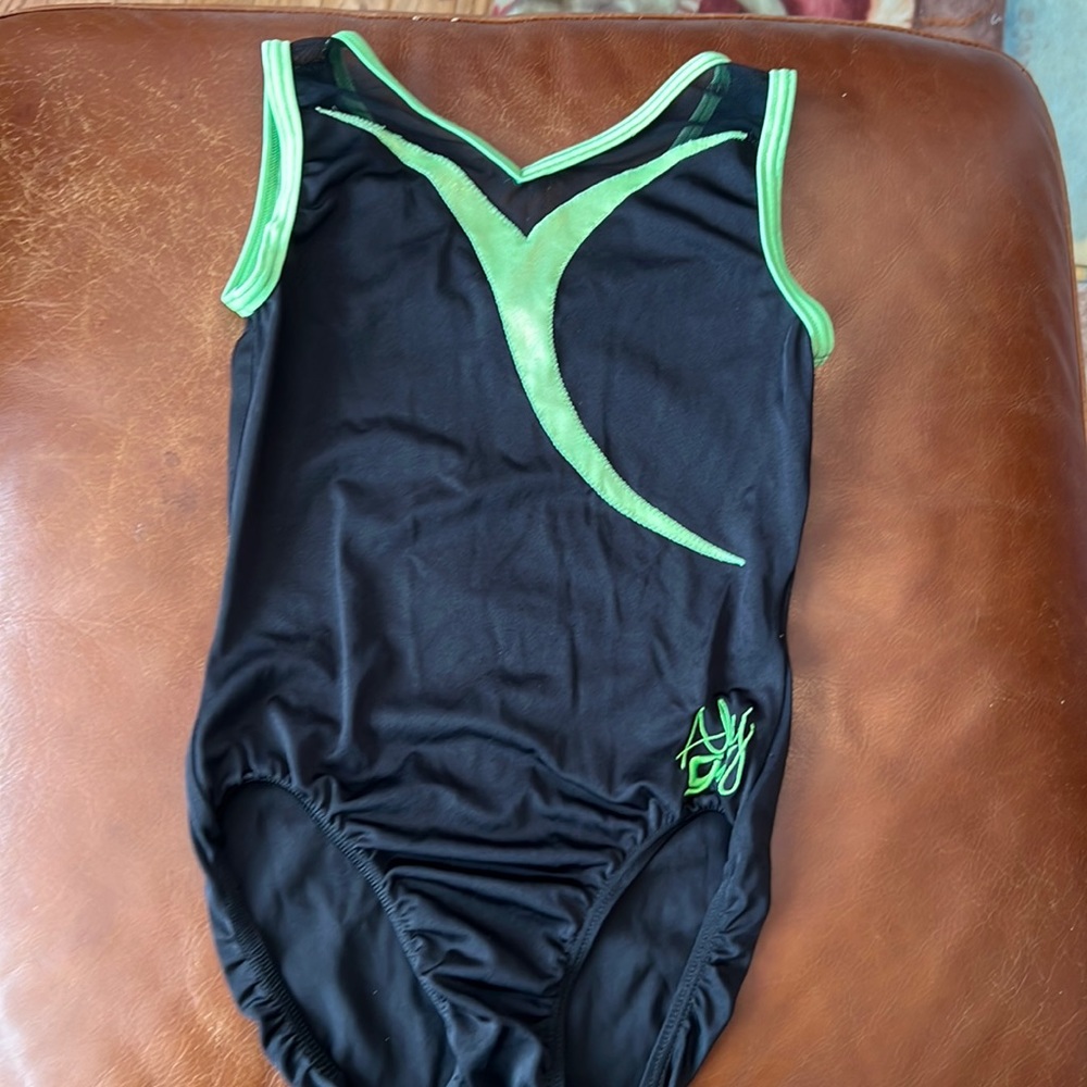 Adult small gymnastics or tumbling leotard.  Aly Raisman for GK. Black w green.